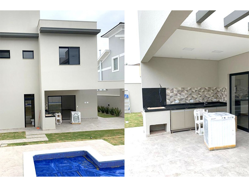 Sobrado no Condomínio Terra Magna, em Indaiatuba/SP. Com 212 m² construídos e 420 m² de terreno. Três suítes, sendo uma com closet, e área social integrada. Piscina com SPA e aquecimento solar; banheiro externo. Garagem para quatro carros.