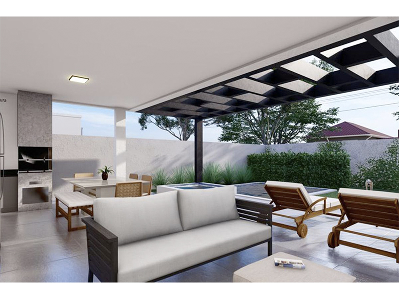 Casa térrea no Residencial Ecovilla Boa Vista, em Valinhos/SP. Com 250 m² de construção e 508 m² de terreno. Três suítes, sendo duas com closet, e área social integrada. Na área externa, piscina com SPA e aquecimento solar; banheiro externo.